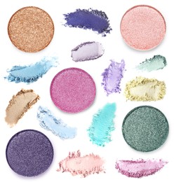 Image of Crushed eyeshadows and refill pans on white background, set. Bright palette