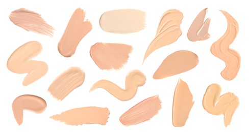 Image of Skin foundation in different shades on white background, set. Palette of cosmetic product