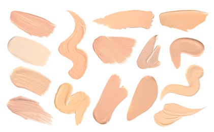 Image of Skin foundation in different shades on white background, set. Palette of cosmetic product
