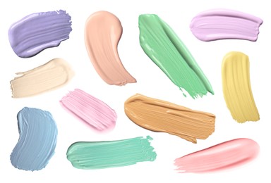 Image of Palette of correctors on white background, set. Different colors of cosmetic product