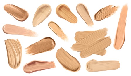 Image of Skin foundation in different shades on white background, set. Palette of cosmetic product
