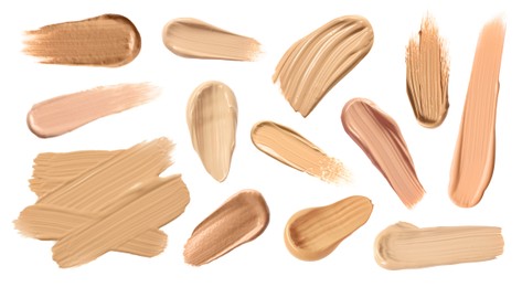 Image of Skin foundation in different shades on white background, set. Palette of cosmetic product