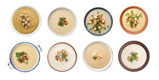 Image of Delicious mushroom cream soups on white background, collage. Top view