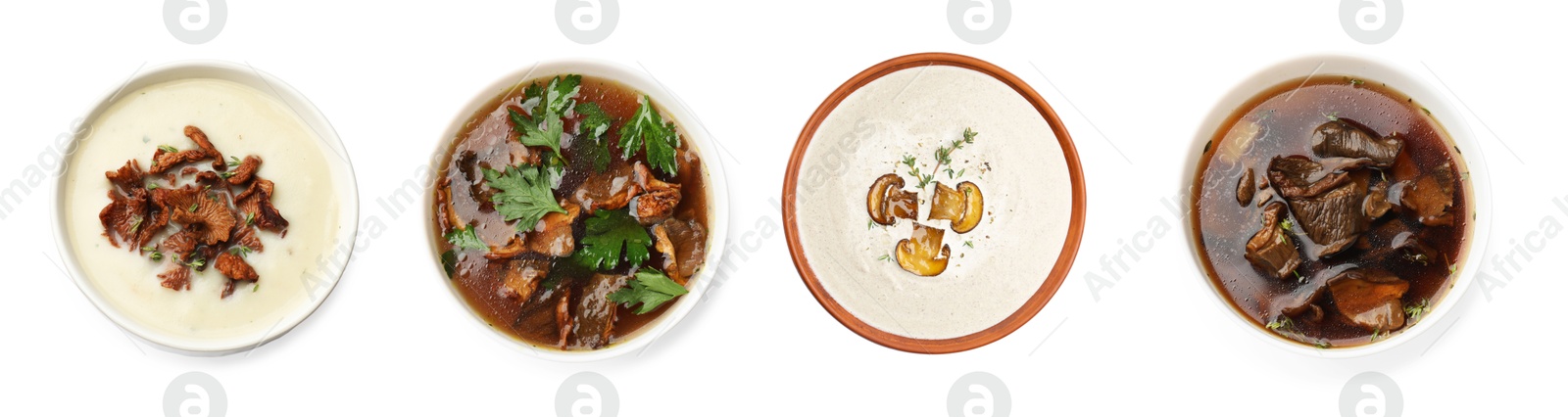 Delicious mushroom soups on white background, set. Top view Image of Delicious mushroom soups on white background, set. Top view