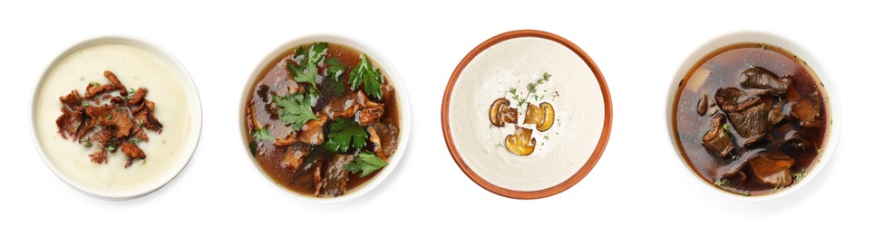 Image of Delicious mushroom soups on white background, set. Top view