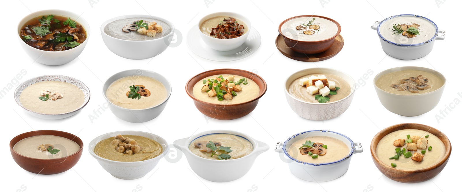 Delicious mushroom soups on white background, collage Image of Delicious mushroom soups on white background, collage