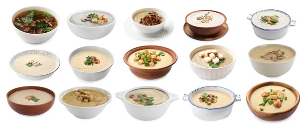 Image of Delicious mushroom soups on white background, collage