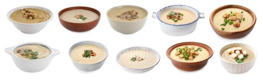 Image of Delicious mushroom cream soups on white background, collage