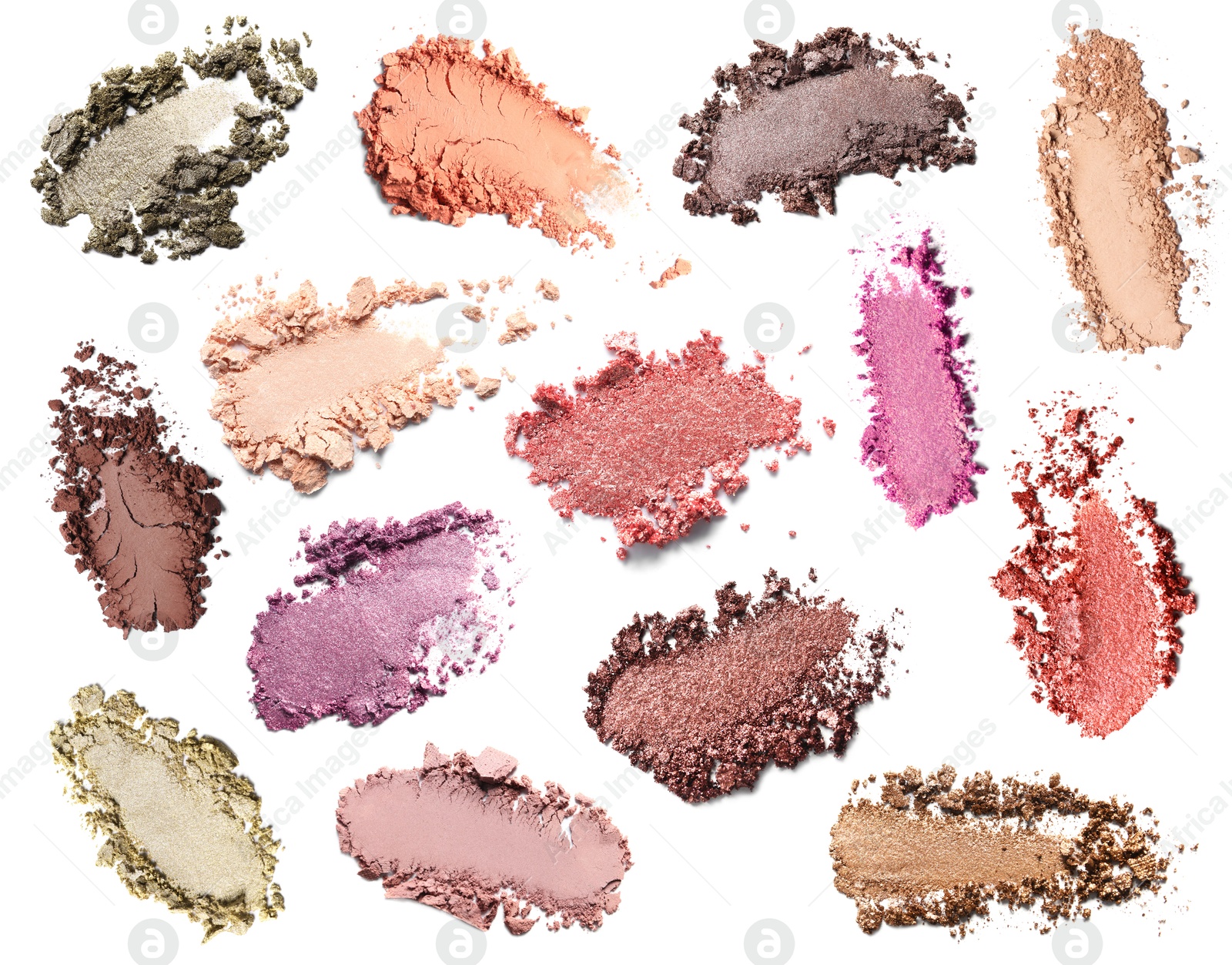 Image of Crushed eyeshadows on white background, set. Bright palette