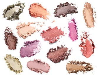 Image of Crushed eyeshadows on white background, set. Bright palette