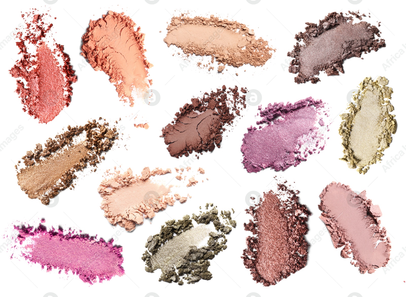 Image of Crushed eyeshadows on white background, set. Bright palette