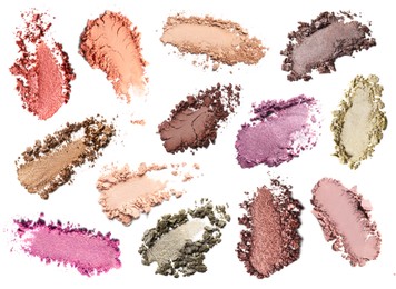 Image of Crushed eyeshadows on white background, set. Bright palette