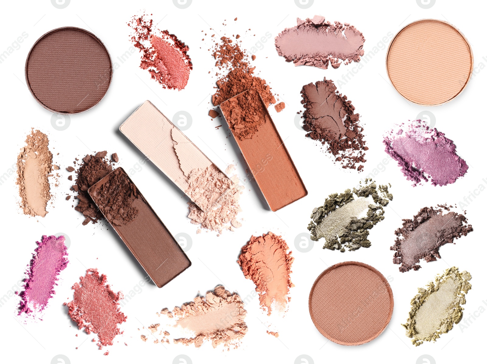 Crushed eyeshadows and refill pans on white background, set. Bright palette Image of Crushed eyeshadows and refill pans on white background, set. Bright palette