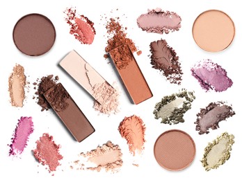 Image of Crushed eyeshadows and refill pans on white background, set. Bright palette