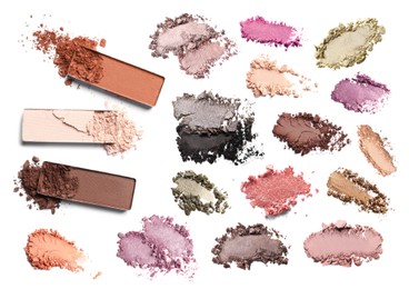 Image of Crushed eyeshadows and refill pans on white background, set. Bright palette