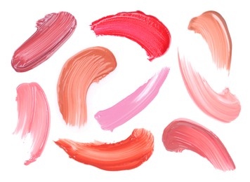 Image of Liquid lipstick in different shades on white background, set. Palette of cosmetic product