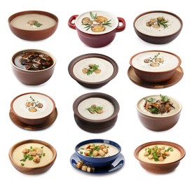 Image of Delicious mushroom soups on white background, collage