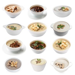 Image of Delicious mushroom soups on white background, collage