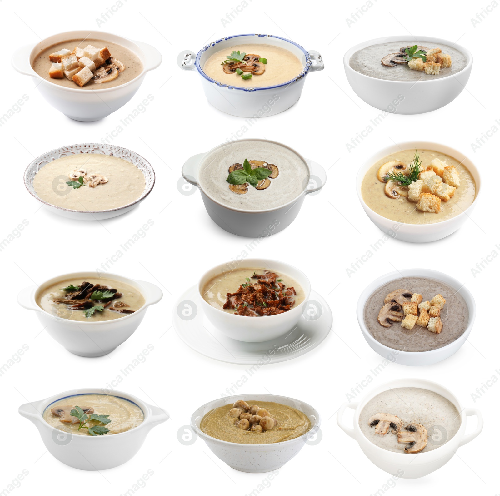 Delicious mushroom cream soups on white background, collage Image of Delicious mushroom cream soups on white background, collage