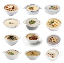 Image of Delicious mushroom cream soups on white background, collage