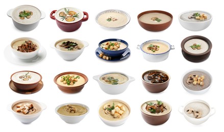 Image of Delicious mushroom soups on white background, collage