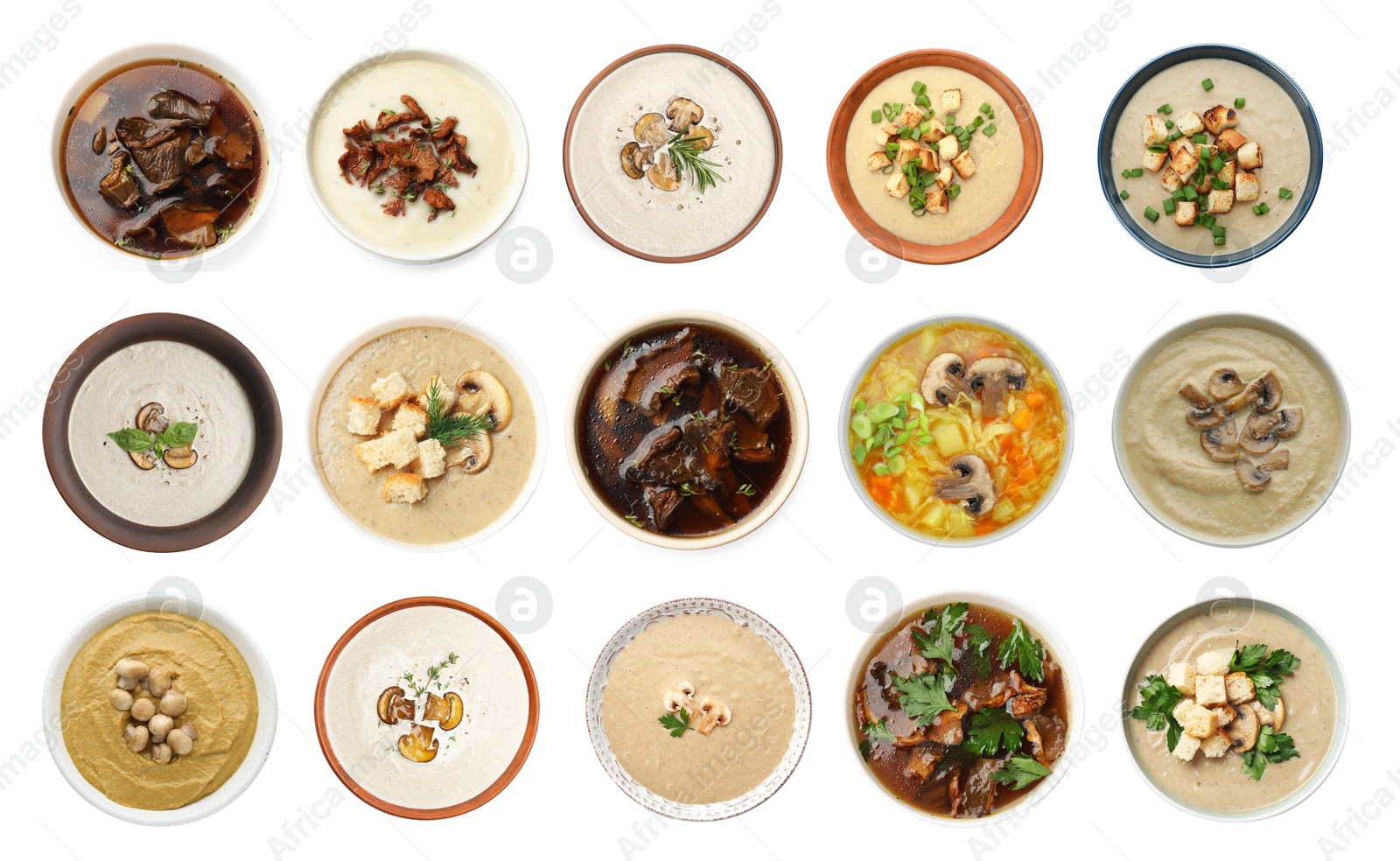 Delicious mushroom soups on white background, collage. Top view Image of Delicious mushroom soups on white background, collage. Top view