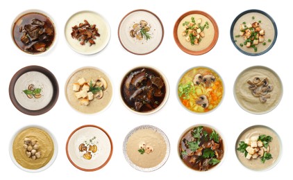 Image of Delicious mushroom soups on white background, collage. Top view