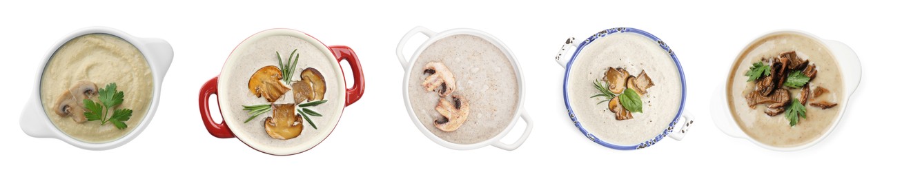 Image of Delicious mushroom cream soups on white background, set. Top view