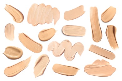 Image of Skin foundation in different shades on white background, set. Palette of cosmetic product