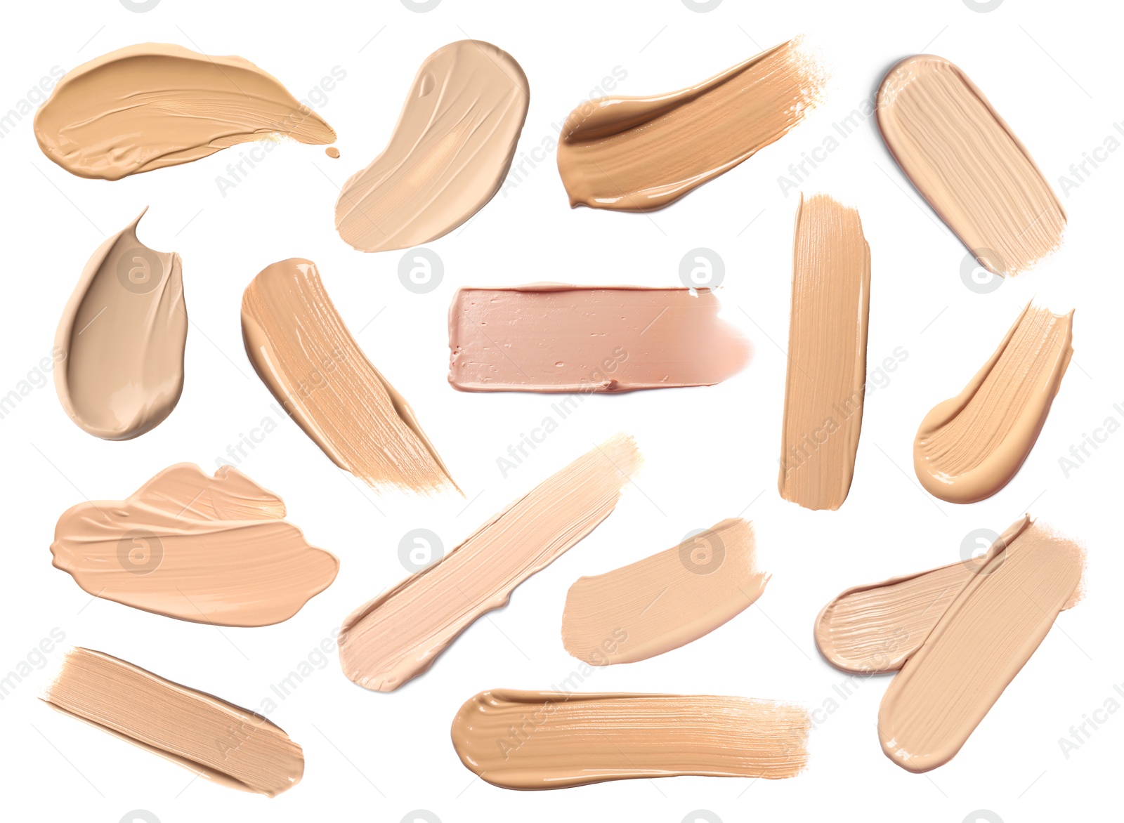 Image of Skin foundation in different shades on white background, set. Palette of cosmetic product