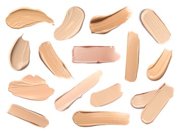 Image of Skin foundation in different shades on white background, set. Palette of cosmetic product