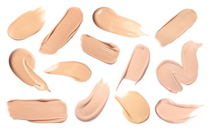 Image of Skin foundation in different shades on white background, set. Palette of cosmetic product