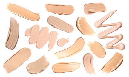Image of Skin foundation in different shades on white background, set. Palette of cosmetic product