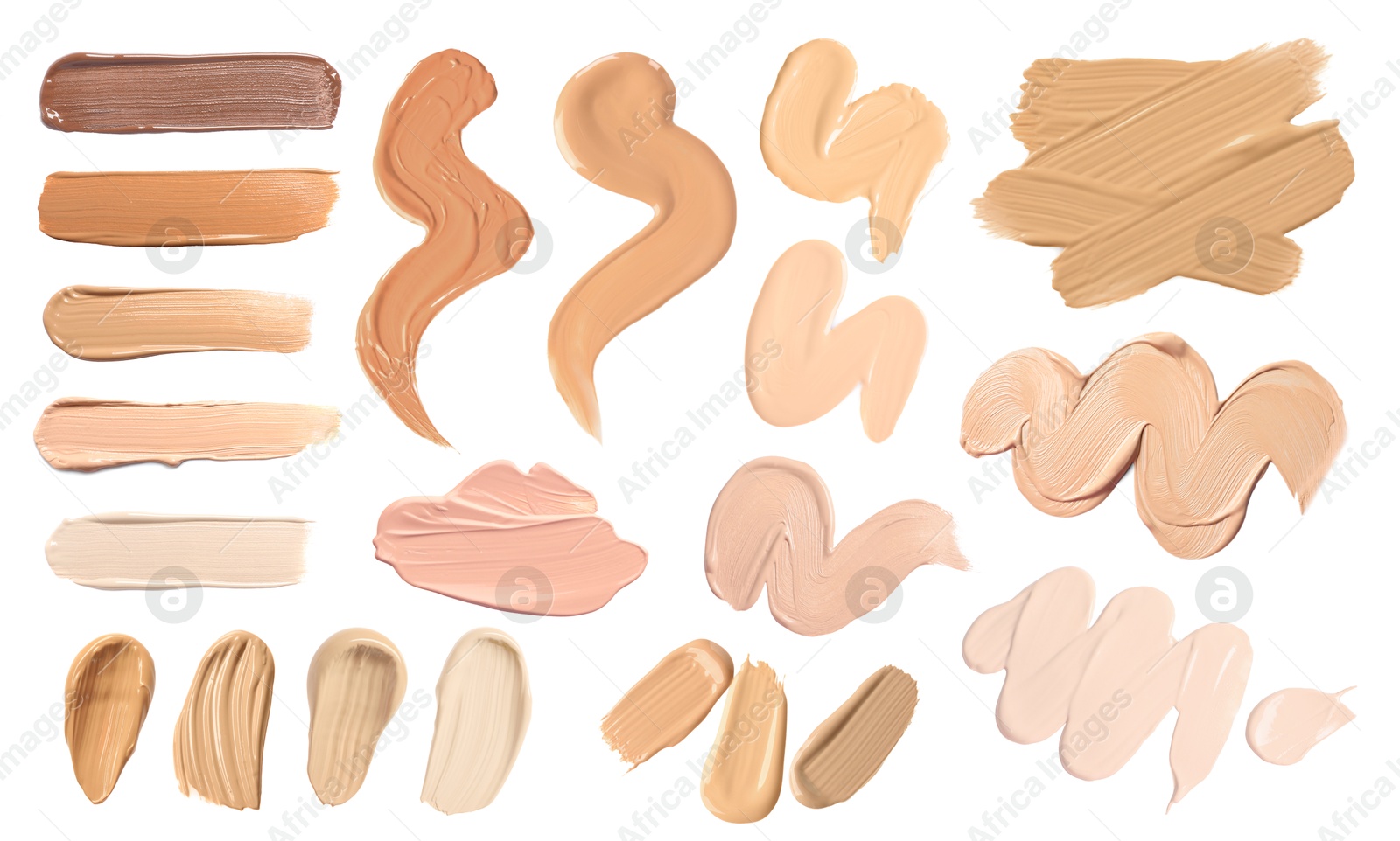 Image of Skin foundation in different shades on white background, set. Palette of cosmetic product