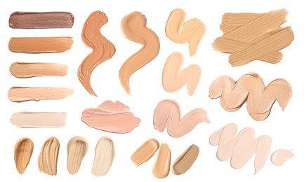 Image of Skin foundation in different shades on white background, set. Palette of cosmetic product