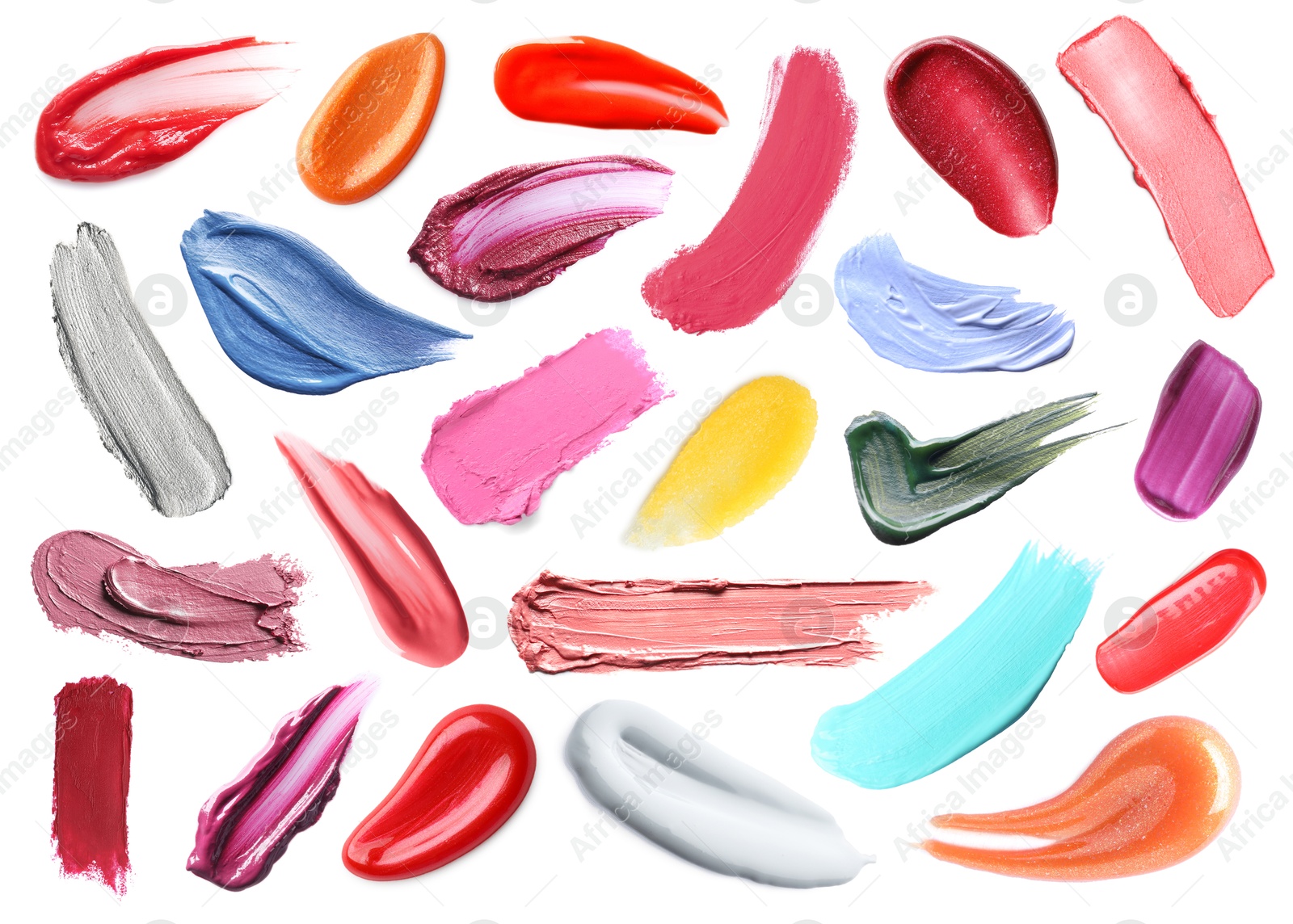 Different makeup products on white background, set. Palette of decorative cosmetics Image of Different makeup products on white background, set. Palette of decorative cosmetics