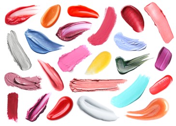 Image of Different makeup products on white background, set. Palette of decorative cosmetics