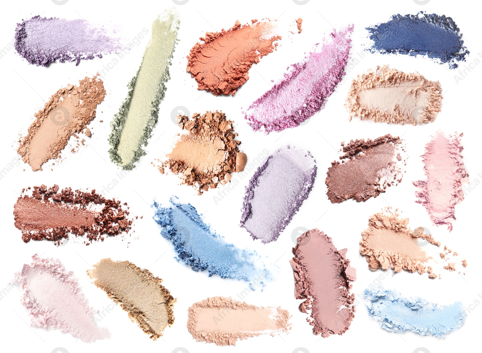 Image of Crushed eyeshadows on white background, set. Bright palette