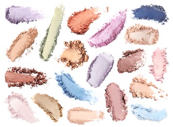 Image of Crushed eyeshadows on white background, set. Bright palette