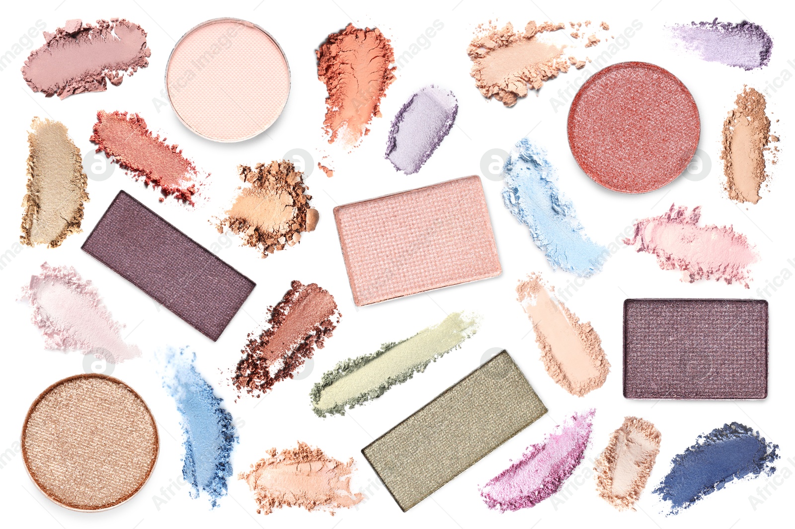 Image of Crushed eyeshadows and refill pans on white background, set. Bright palette