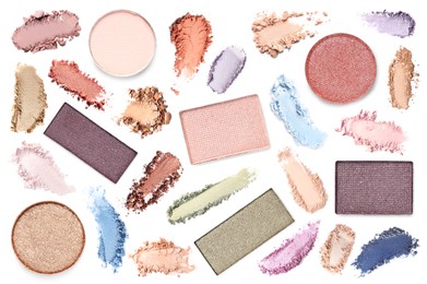 Image of Crushed eyeshadows and refill pans on white background, set. Bright palette