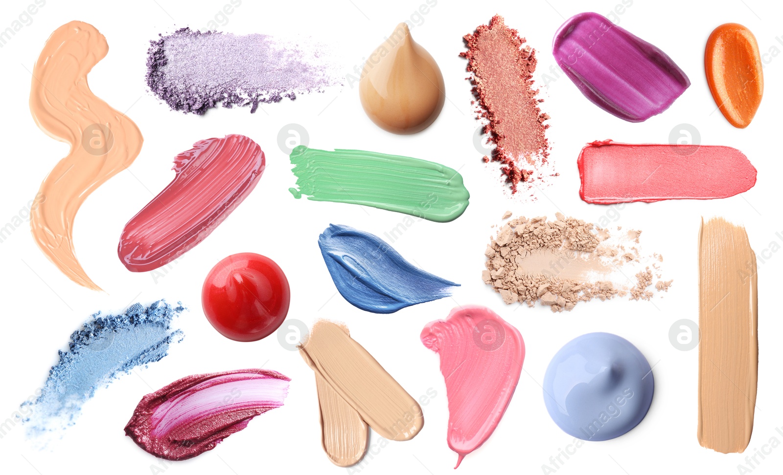 Different makeup products on white background, set. Palette of decorative cosmetics Image of Different makeup products on white background, set. Palette of decorative cosmetics