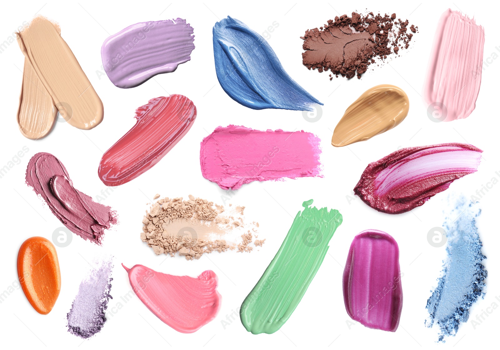 Different makeup products on white background, set. Palette of decorative cosmetics Image of Different makeup products on white background, set. Palette of decorative cosmetics