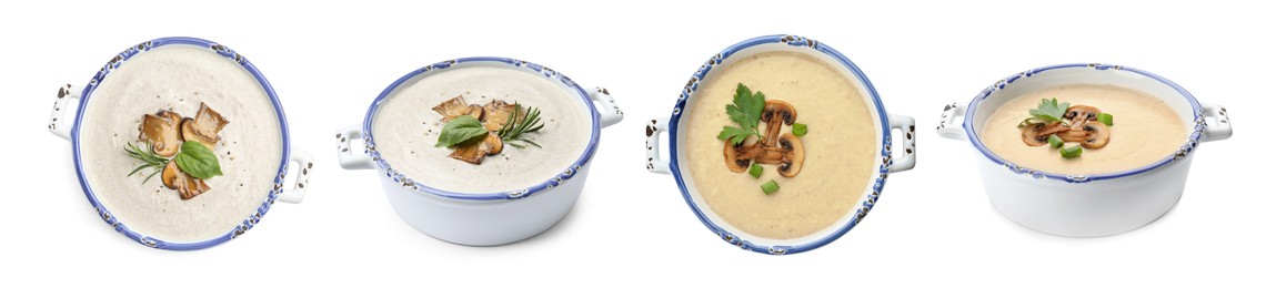Image of Delicious mushroom cream soup on white background, collage. Top and side view
