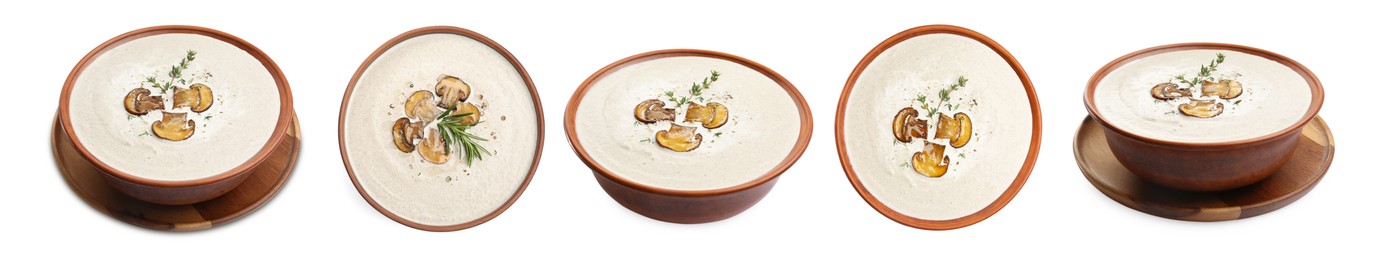 Image of Delicious mushroom cream soup on white background, collage. Top and side view