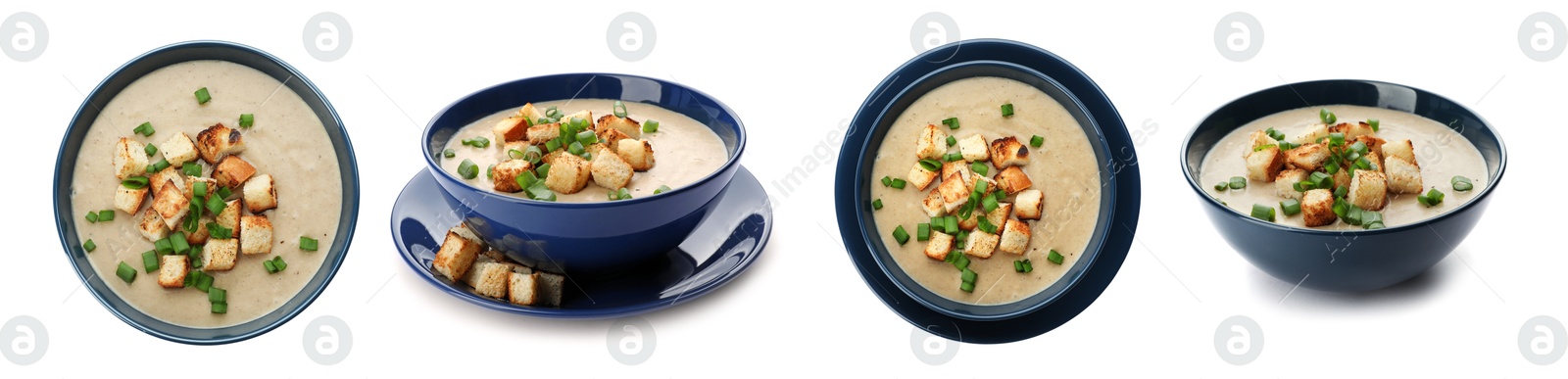 Delicious mushroom cream soup on white background, collage. Top and side view Image of Delicious mushroom cream soup on white background, collage. Top and side view