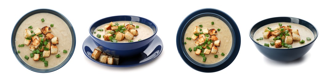 Image of Delicious mushroom cream soup on white background, collage. Top and side view