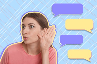 Image of Eavesdropping, creative collage. Woman holding hand to ear and speech bubbles on bright background