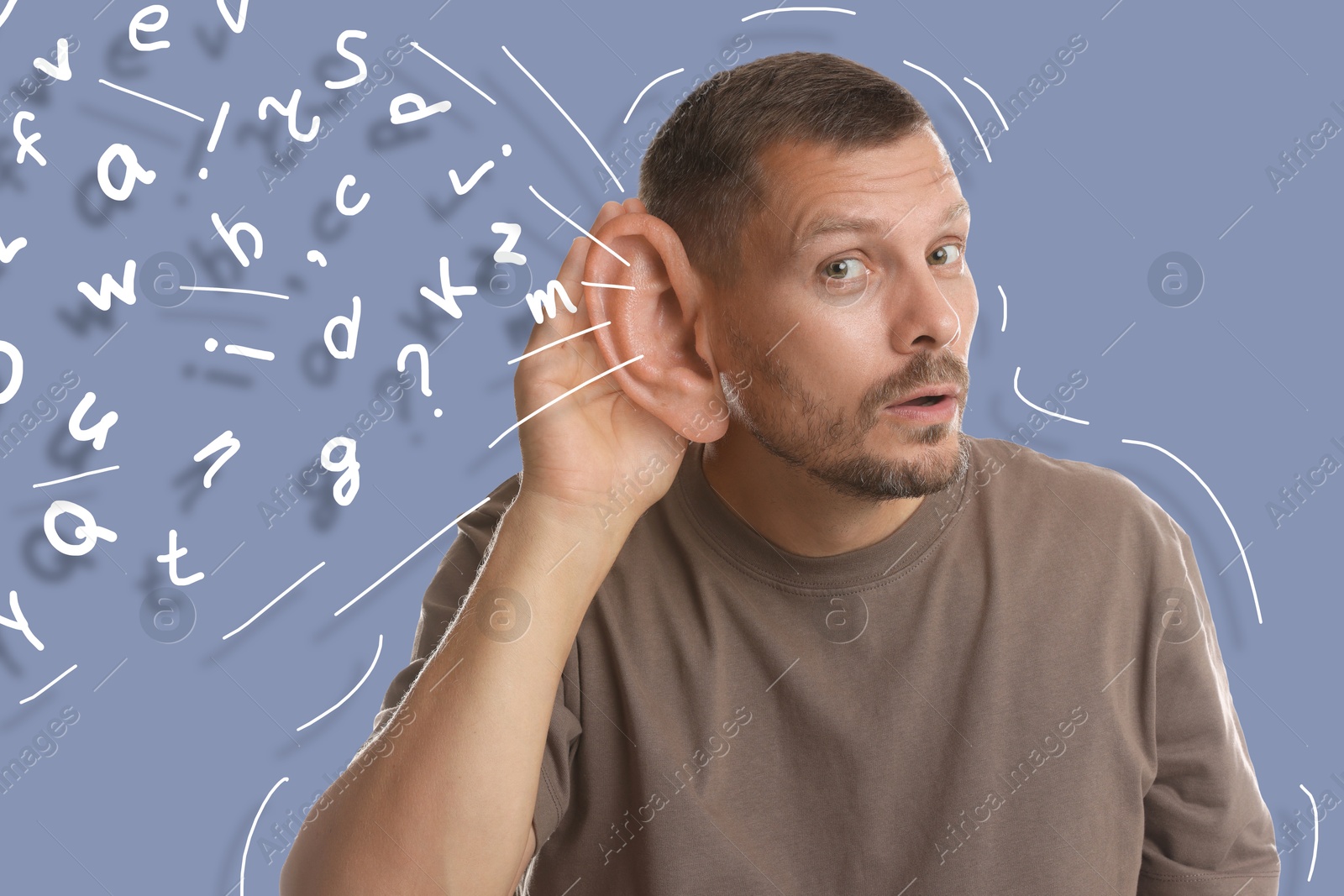 Eavesdropping, creative collage. Man holding hand to big ear on grey background. Flow of letters coming into his ear Image of Eavesdropping, creative collage. Man holding hand to big ear on grey background. Flow of letters coming into his ear