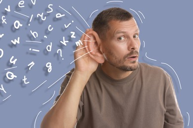 Image of Eavesdropping, creative collage. Man holding hand to big ear on grey background. Flow of letters coming into his ear